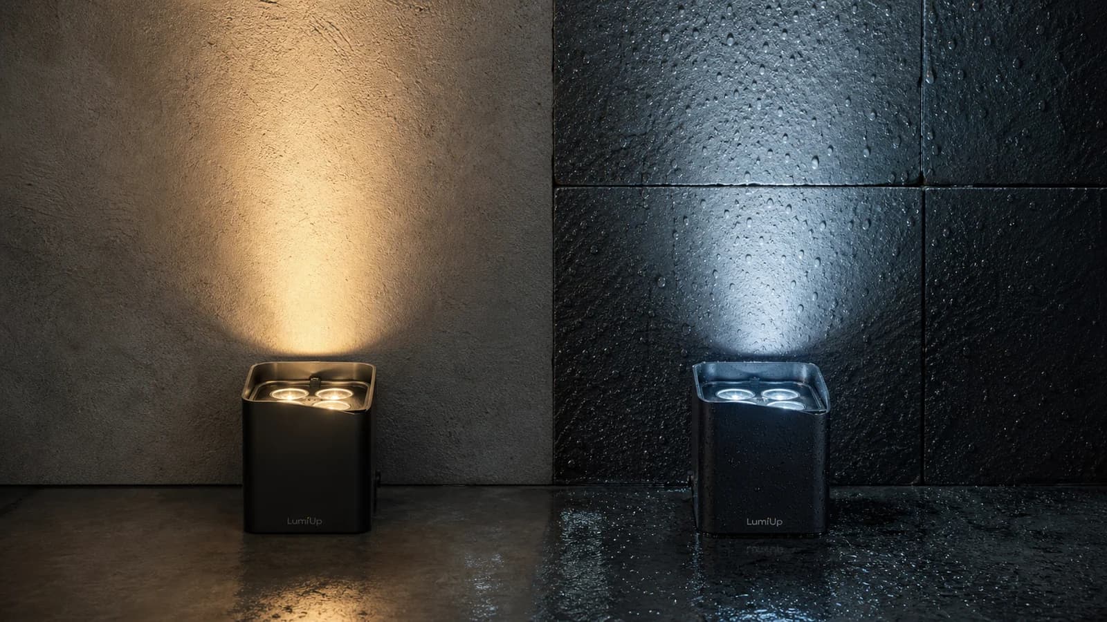 Editorial illustration comparing an indoor battery uplight with a weather-resistant outdoor fixture