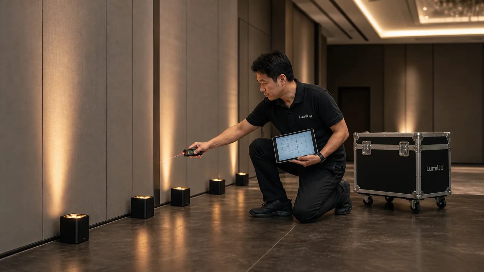 Editorial illustration of a LumiUp lighting planner measuring battery uplight spacing in a ballroom