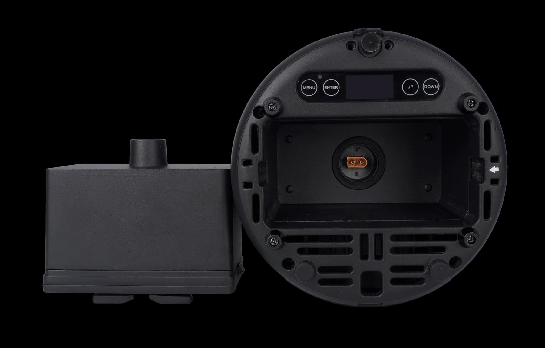 Removable battery pack beside the open battery bay of the LumiUp Aqua P4RX