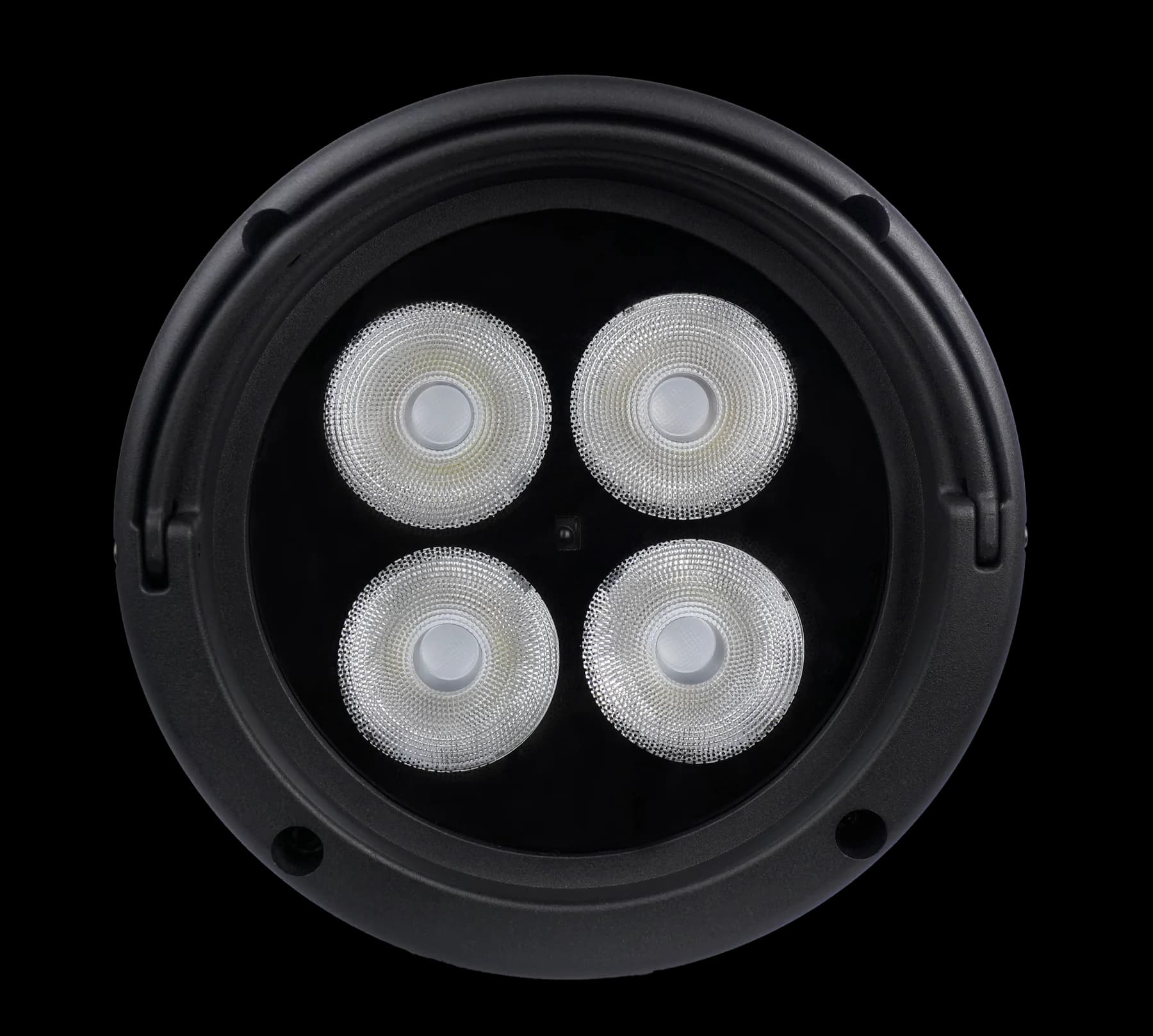 Top view of the four RGBWA+UV lenses on the LumiUp Aqua P4RX