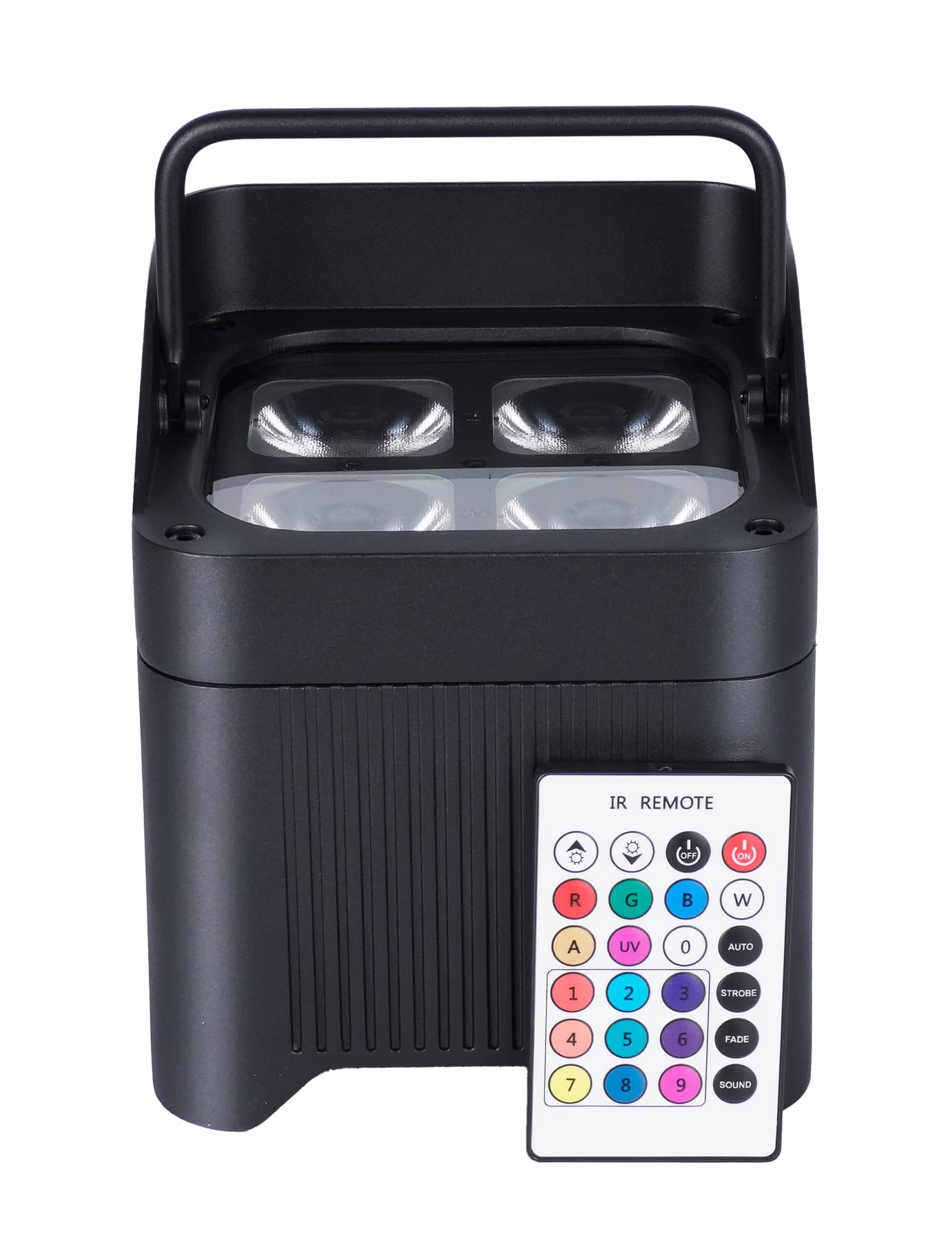 Front view of the LumiUp Aqua P4X with its infrared remote control