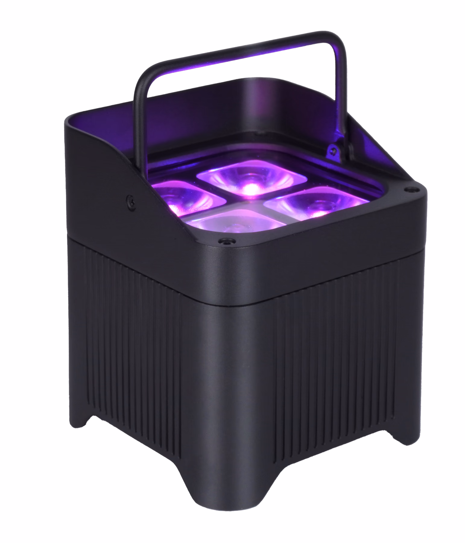 LumiUp Aqua P4X producing violet light from four RGBWA+UV lenses