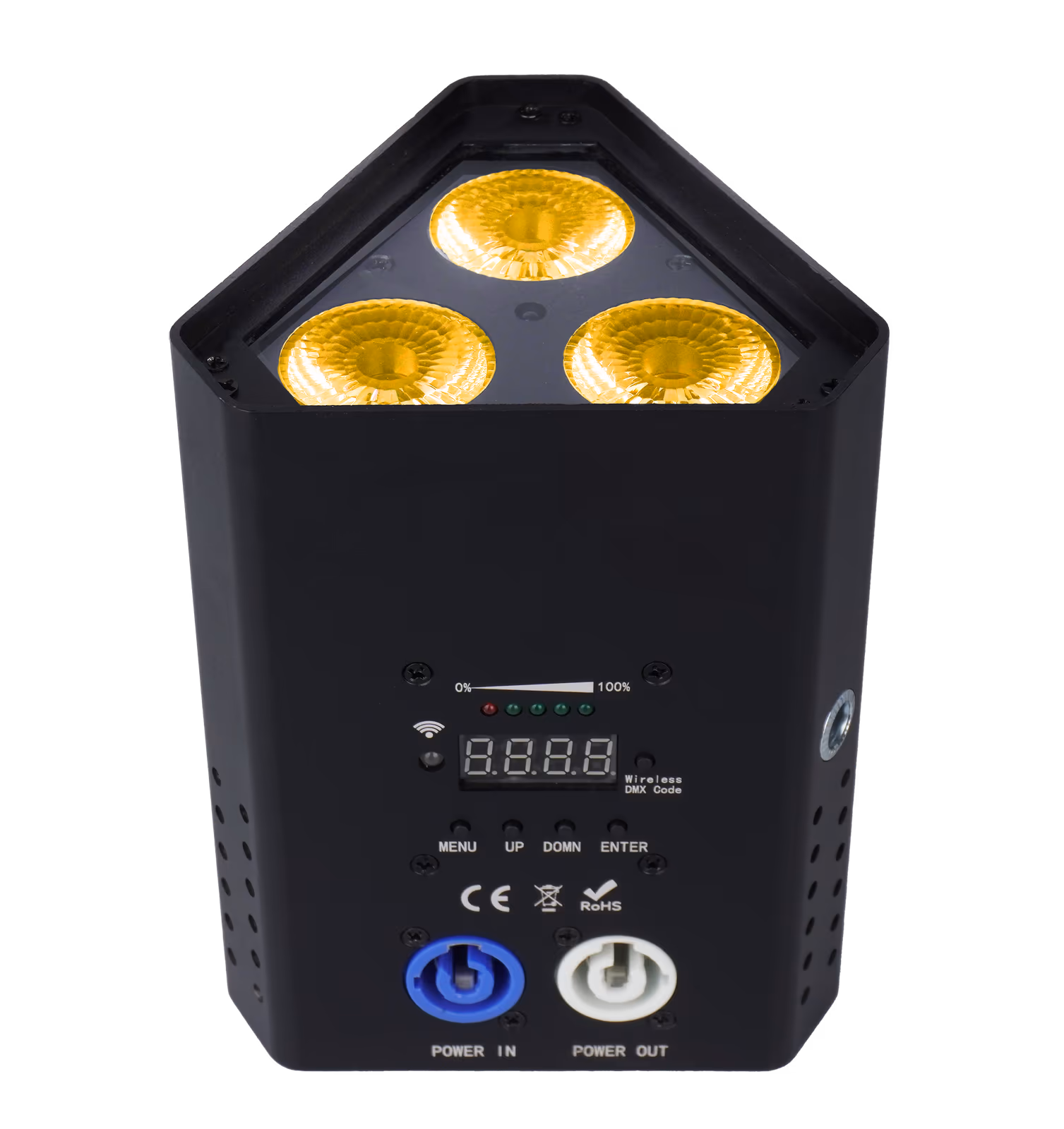 Black LumiUp Mini S3 LU-MNS3 battery LED PAR with three amber illuminated lenses