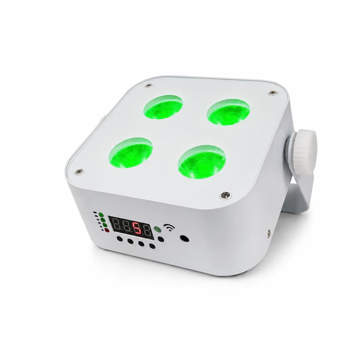 White LumiUp Mini S4 producing green light from four RGBWA+UV lenses