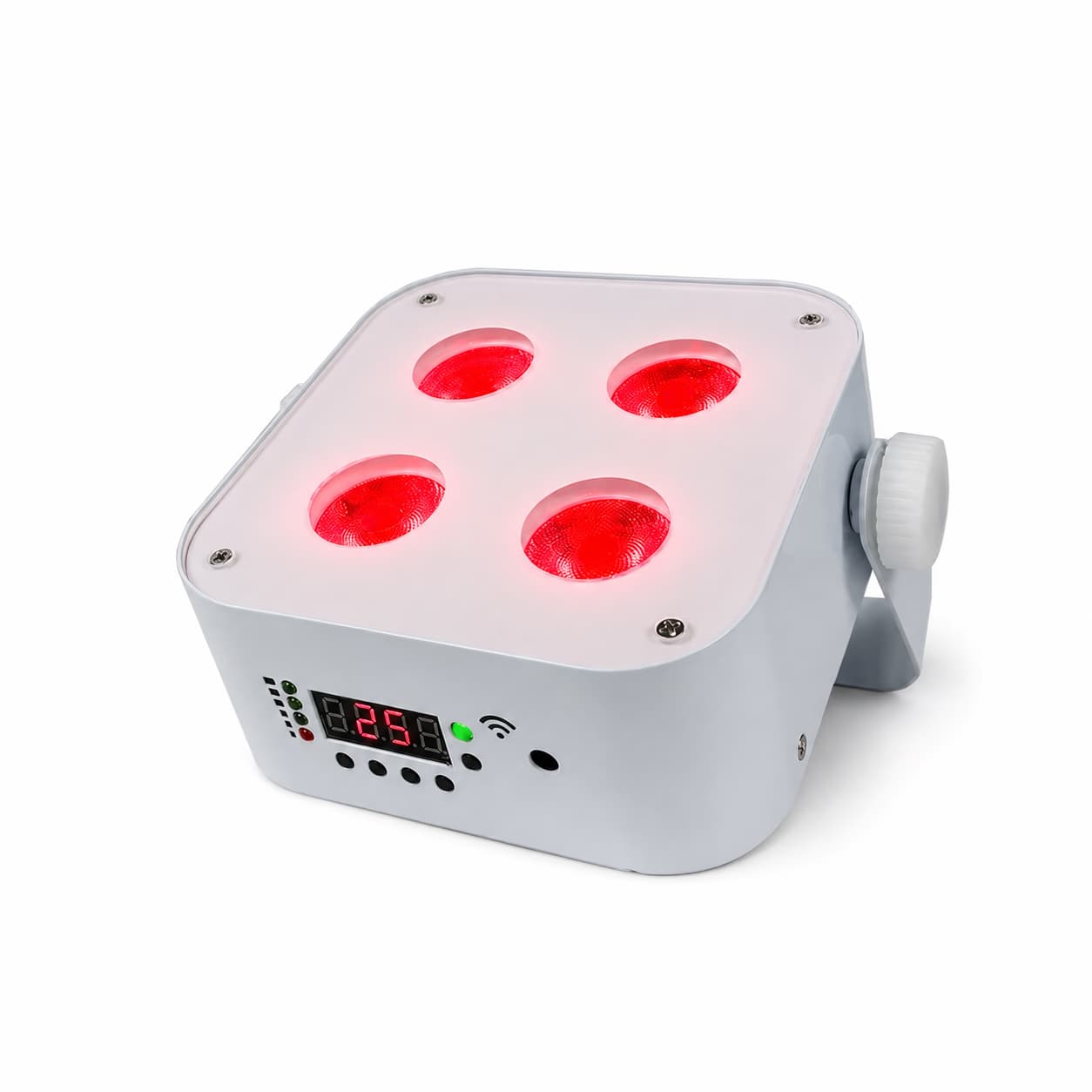 White LumiUp Mini S4 producing red light from four RGBWA+UV lenses