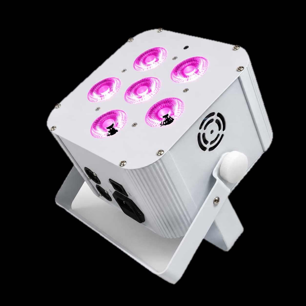 White LumiUp Mini S6 producing pink light from six RGBWA+UV lenses