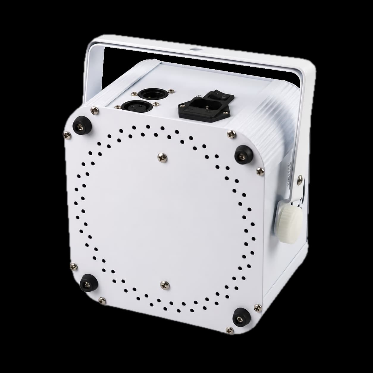 Rear and bottom view of the white LumiUp Mini S6 showing power and DMX connections