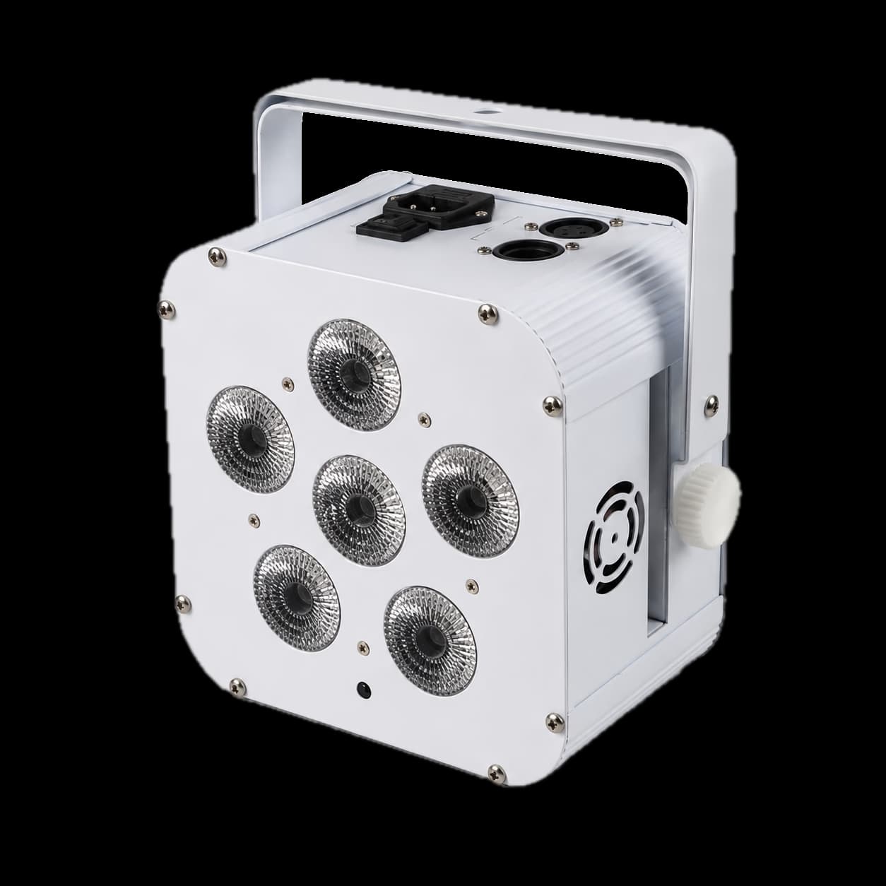 White LumiUp Mini S6 square battery LED PAR with six unlit lenses