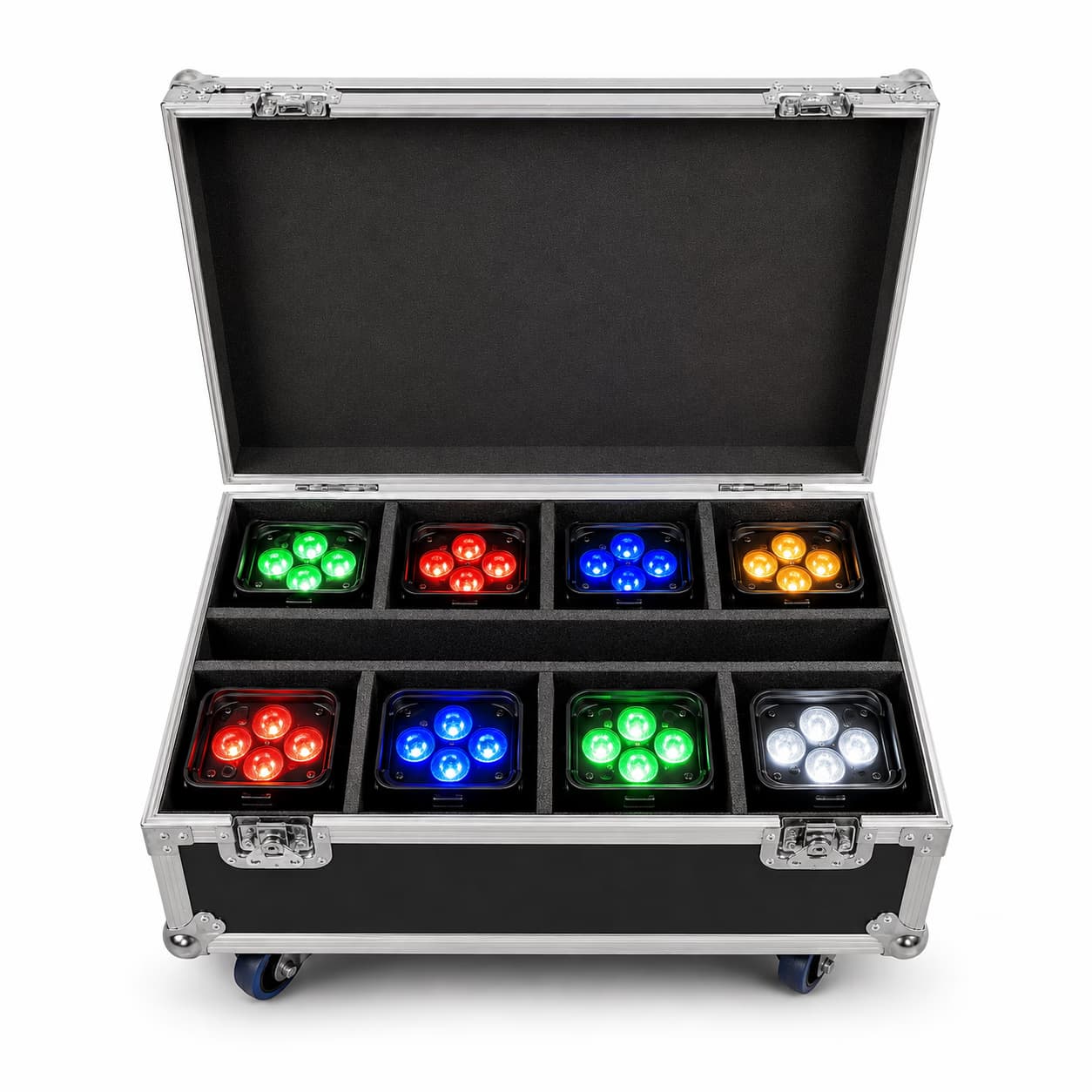 Open 8 in 1 charging flight case holding eight battery PAR lights