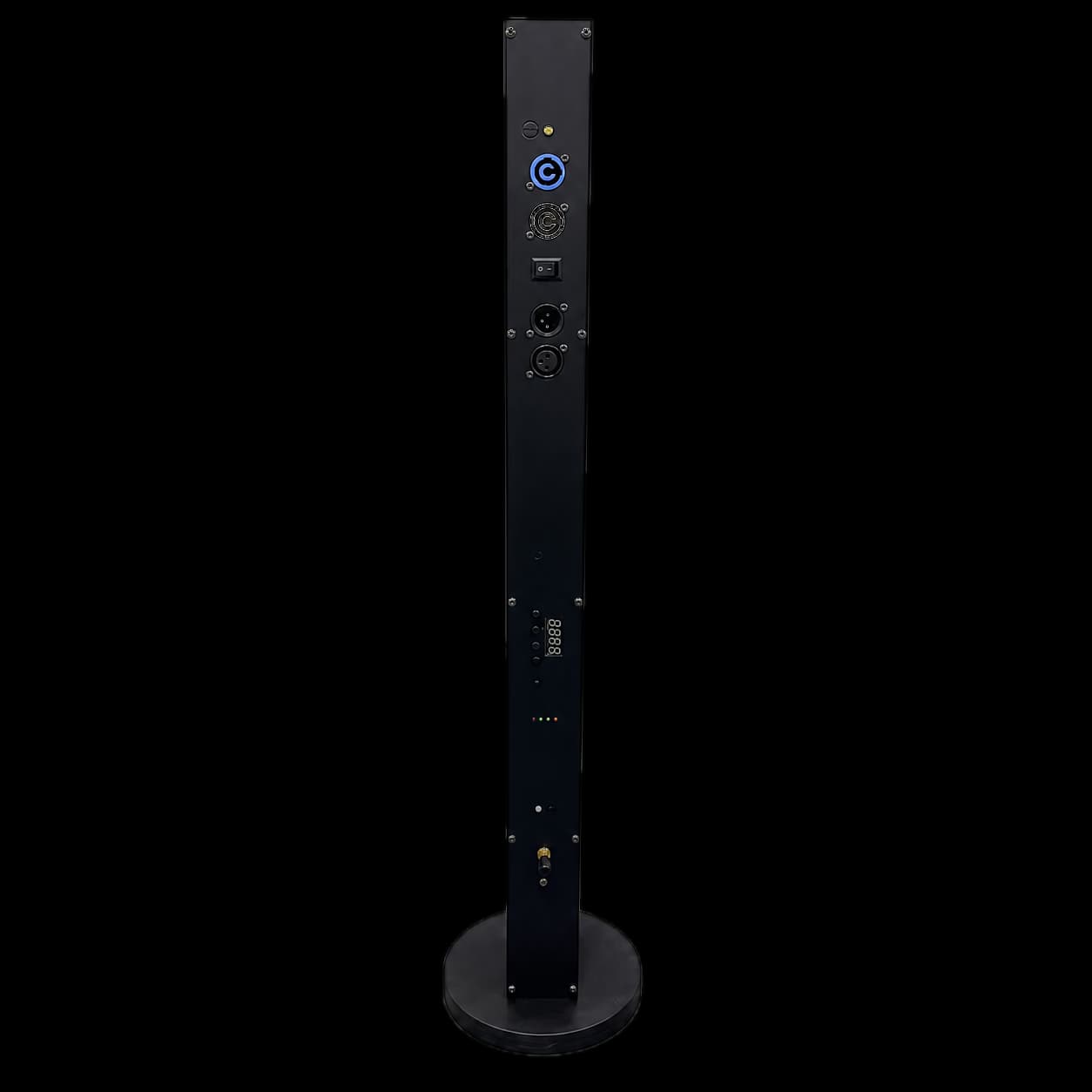 Rear view of the LumiUp Flex W24 Pro showing power, DMX and onboard control connections