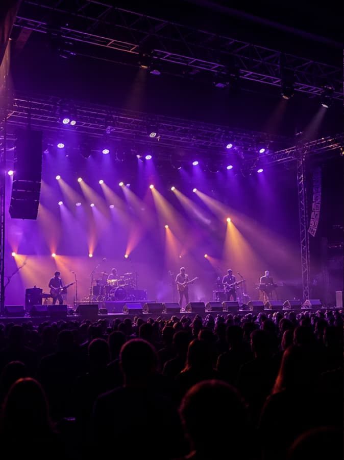 Professional concert rental production with purple and amber lighting