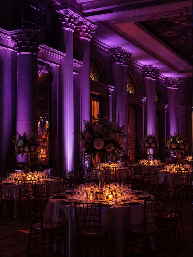 Ballroom columns illuminated with cable-free uplighting
