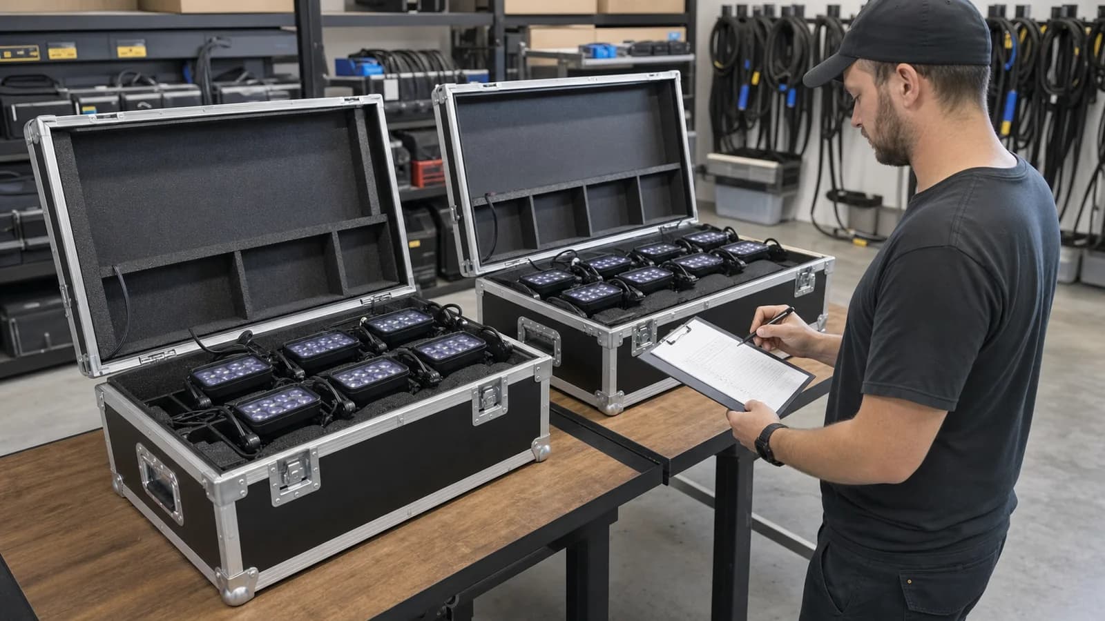 Technician recording battery uplight status beside organized charging flight cases