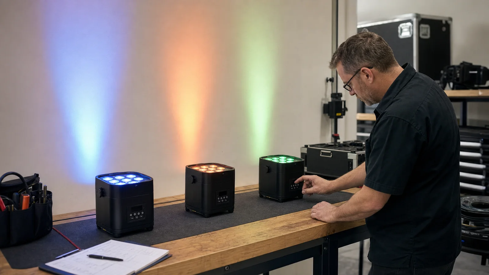 Technician testing three generic battery uplights in representative color modes