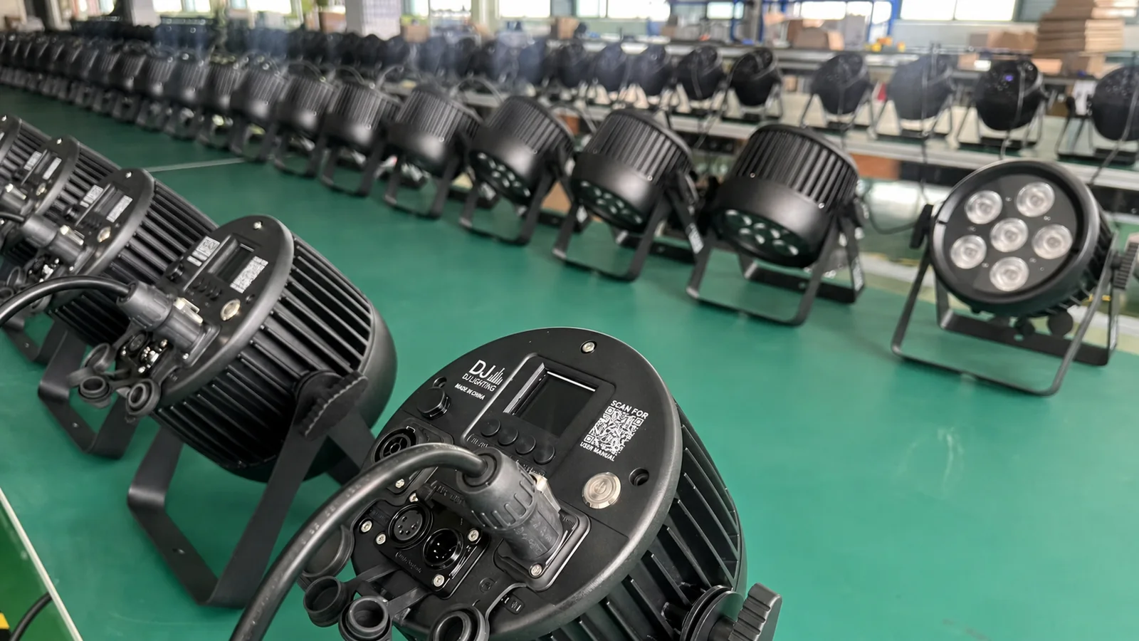 LumiUp battery powered uplights arranged for production-line inspection