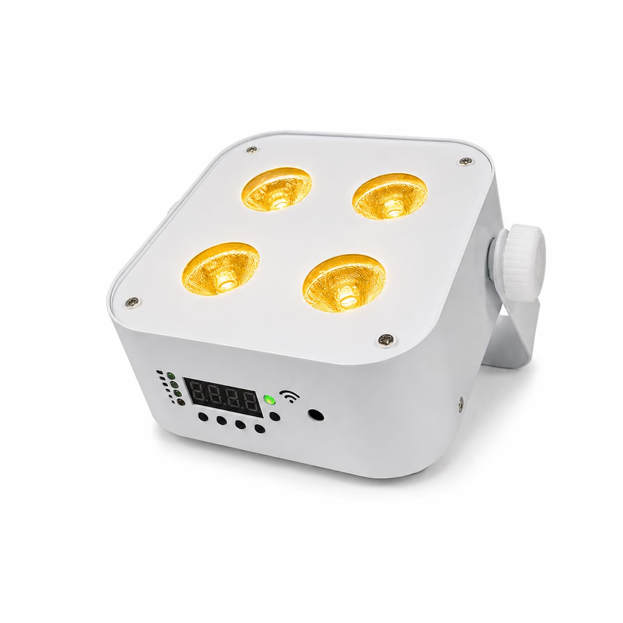 White LumiUp Mini S4 slim battery LED PAR with four amber illuminated lenses