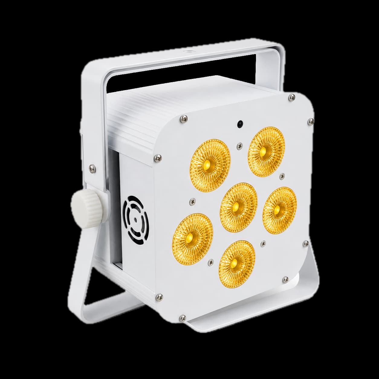 White LumiUp Mini S6 square battery LED PAR with six amber illuminated lenses