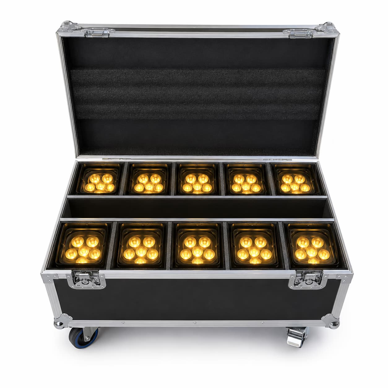 Open 10 in 1 charging flight case with ten organized battery PAR light compartments