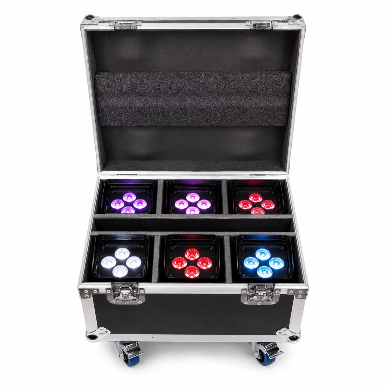 Open 6 in 1 charging flight case holding six battery PAR lights