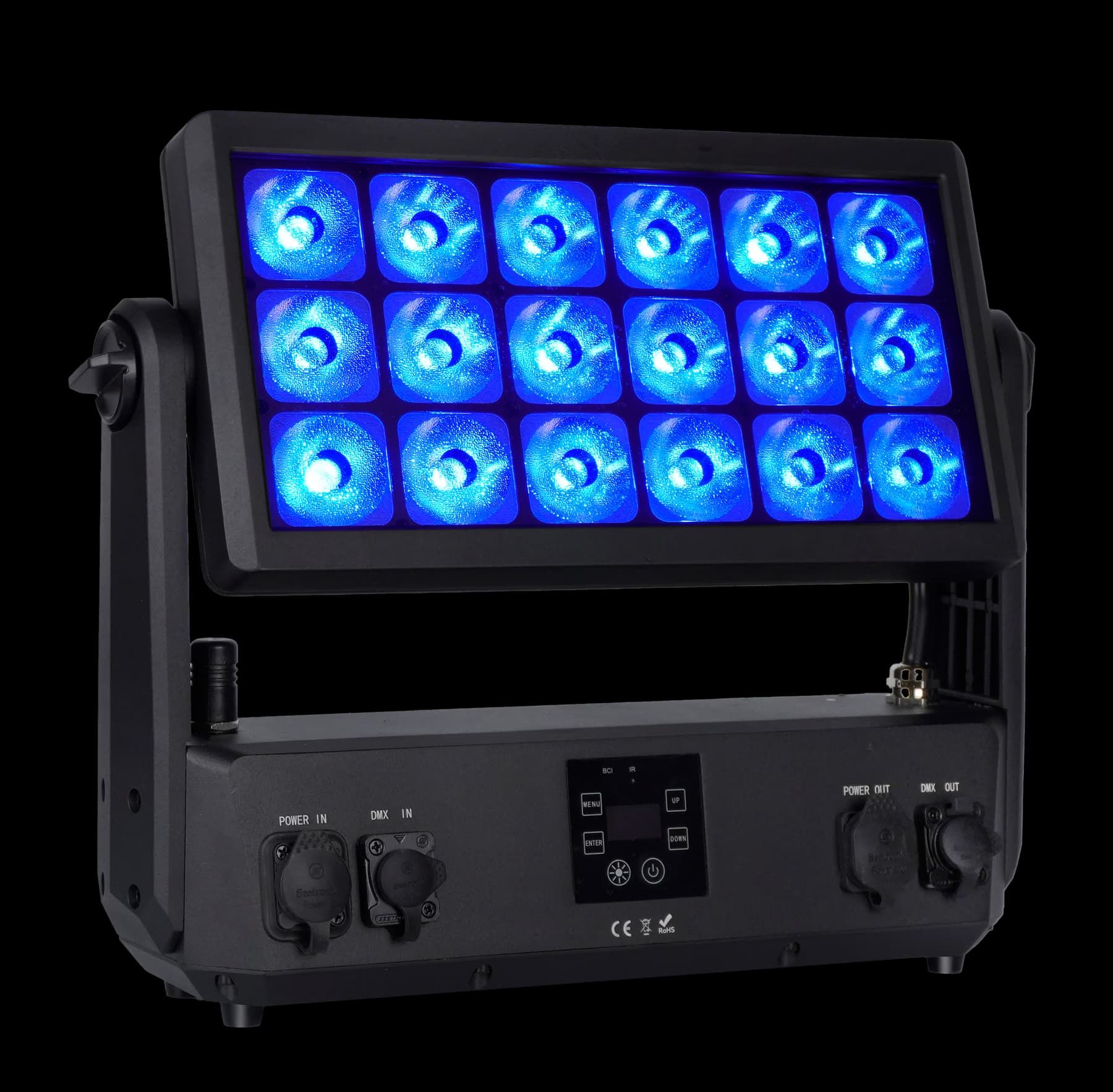 LumiUp Flex PL18 Pro showing its eighteen-lens RGBWA UV optical array in blue