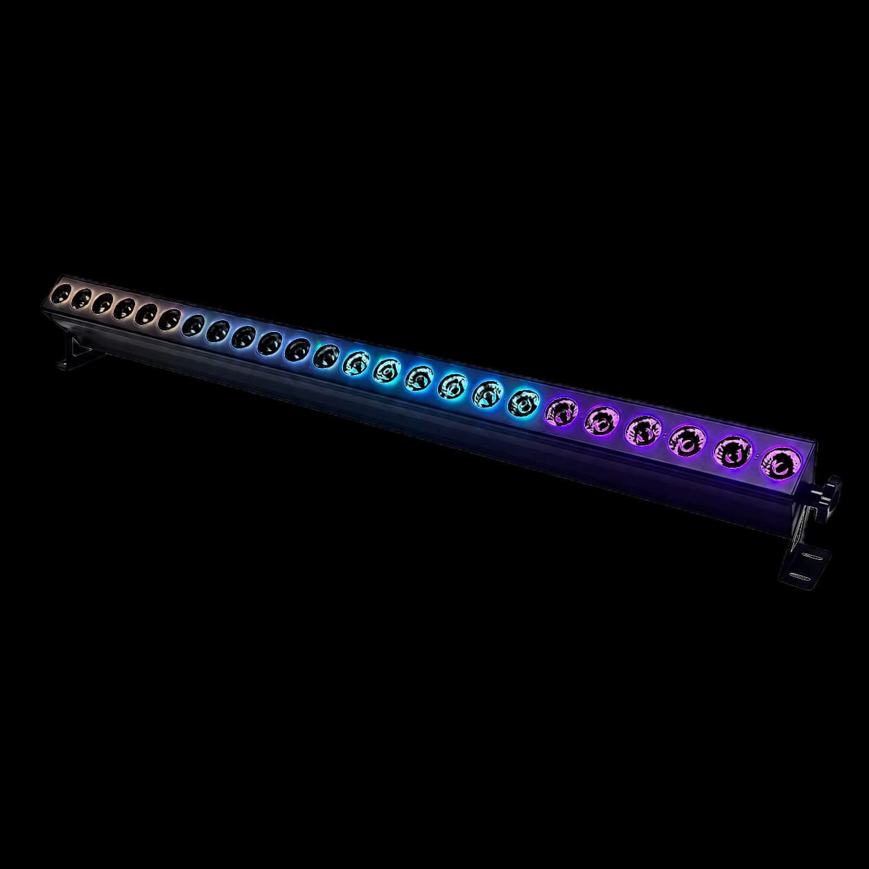 LumiUp Flex W24 Pro showing multi-color output across its 24 RGBWA UV lenses