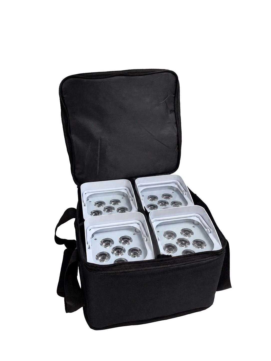 Open LumiUp LU-SB4 soft carry bag holding four compact battery lights in separate positions