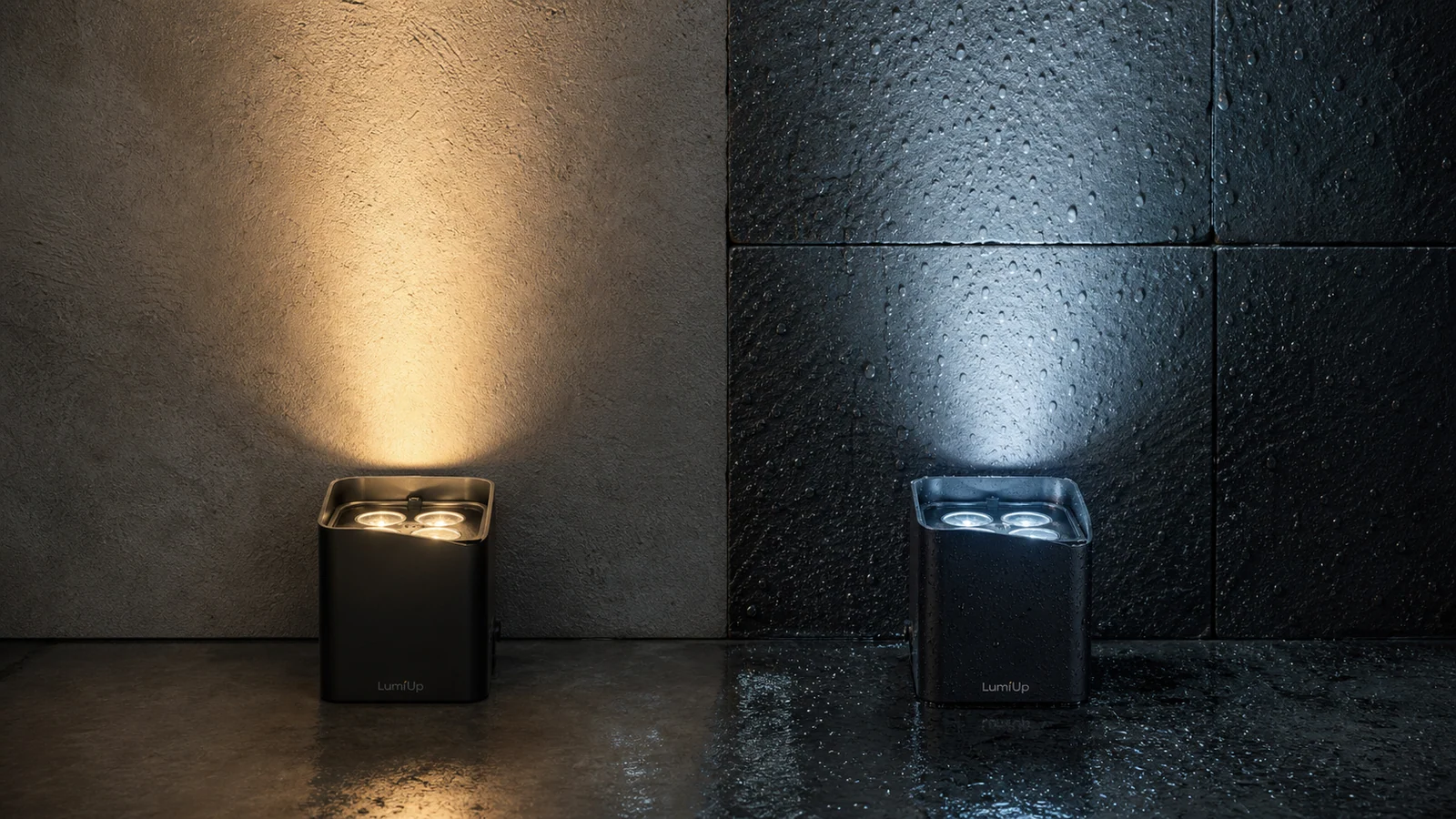 Editorial illustration comparing an indoor battery uplight with a weather-resistant outdoor fixture