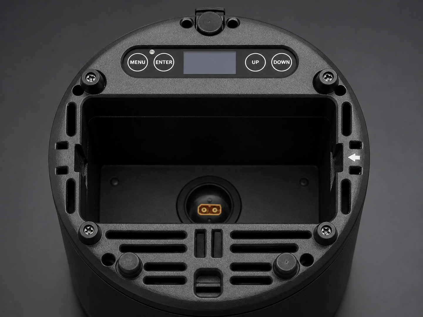 Open LumiUp Aqua P4RX battery bay showing the removable pack interface and retaining structure