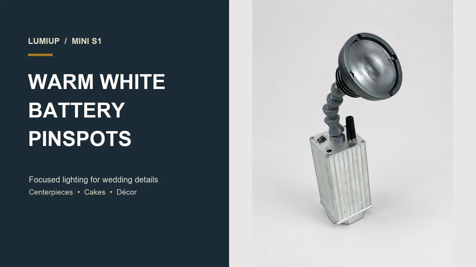 LumiUp Mini S1 battery pinspot with an adjustable head and magnetic base.