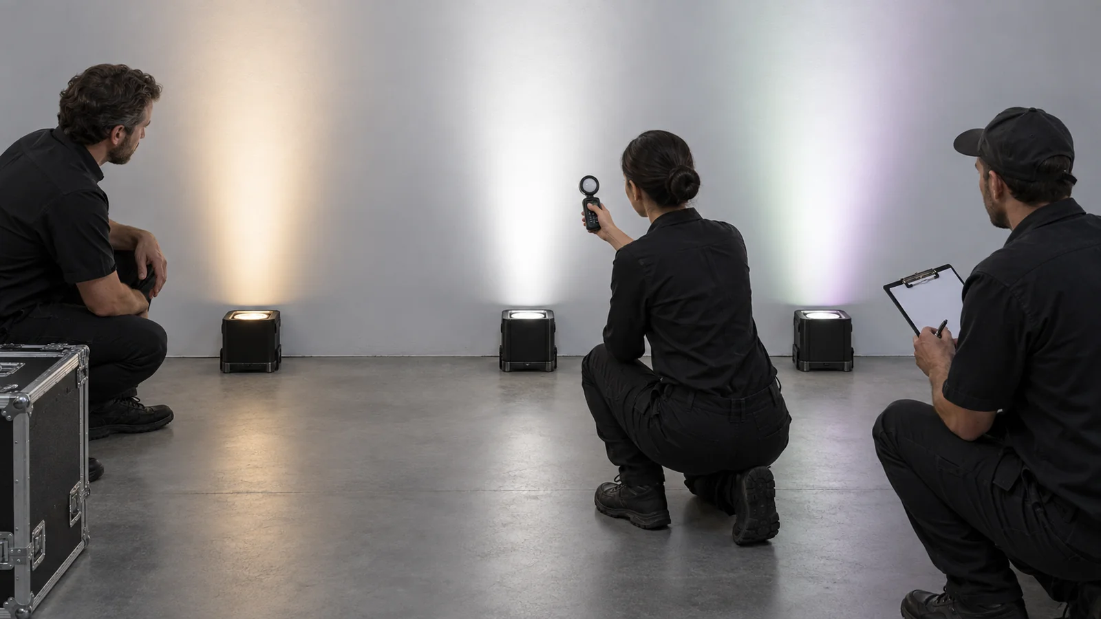 Technicians comparing white-light tint from several battery uplights on a neutral wall.