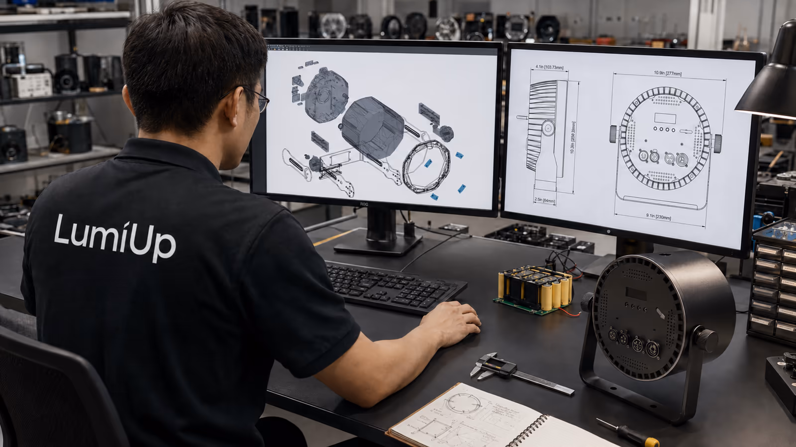LumiUp product engineer reviewing a battery PAR light design and dimensions