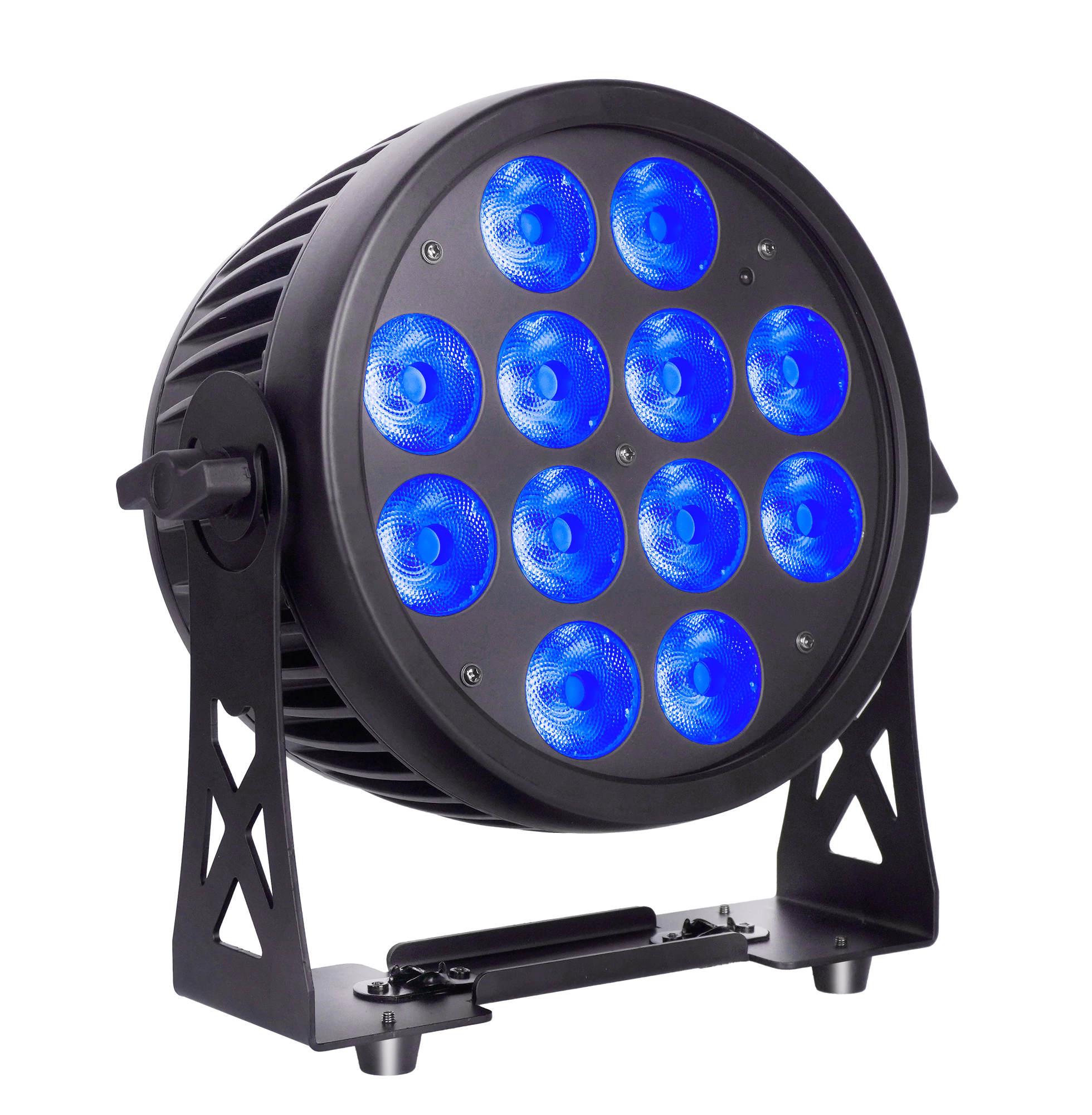LumiUp Aqua P12 producing blue light from twelve RGBWA+UV lenses