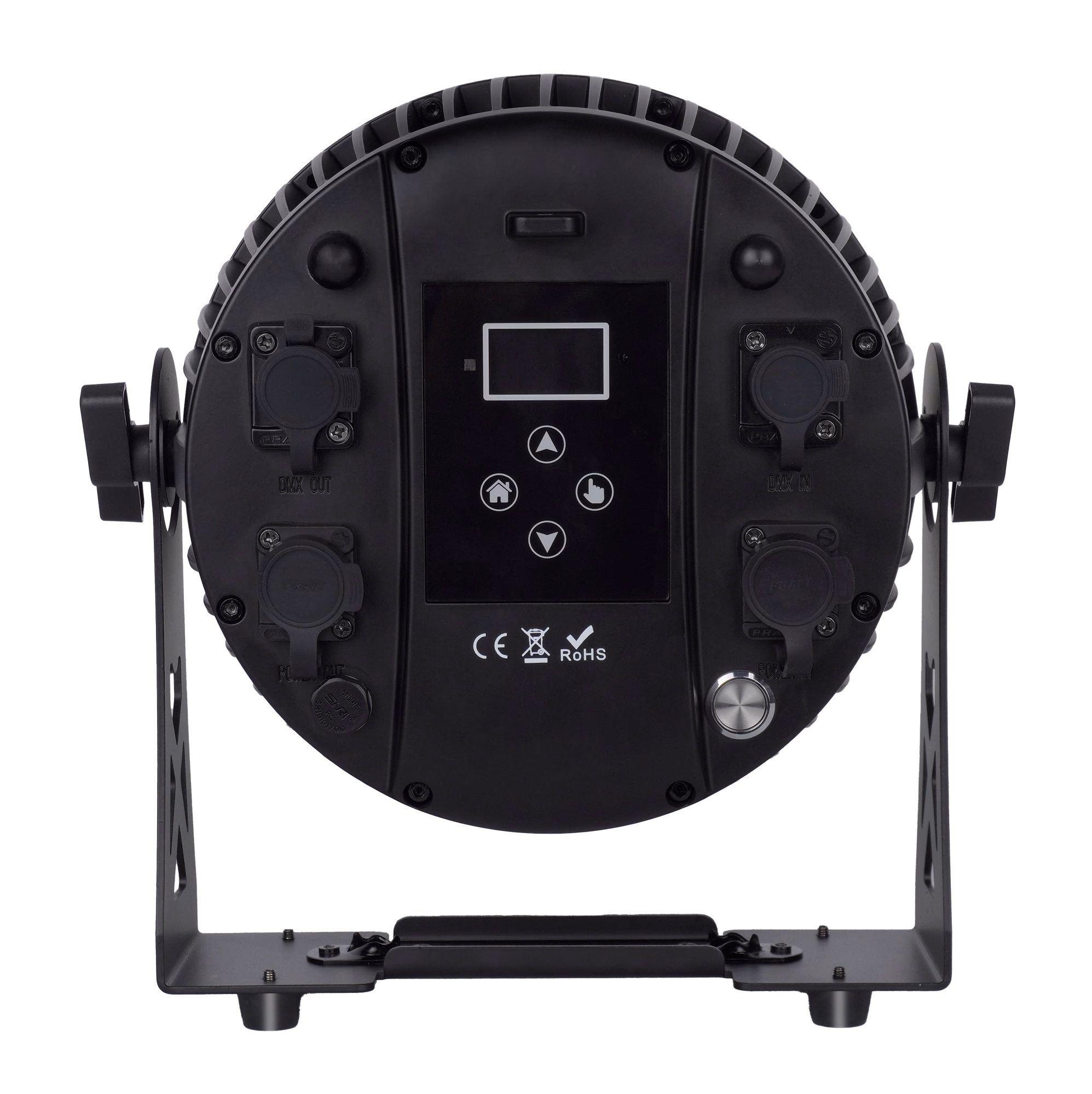 Rear OLED control panel and protected DMX and power ports on the LumiUp Aqua P12