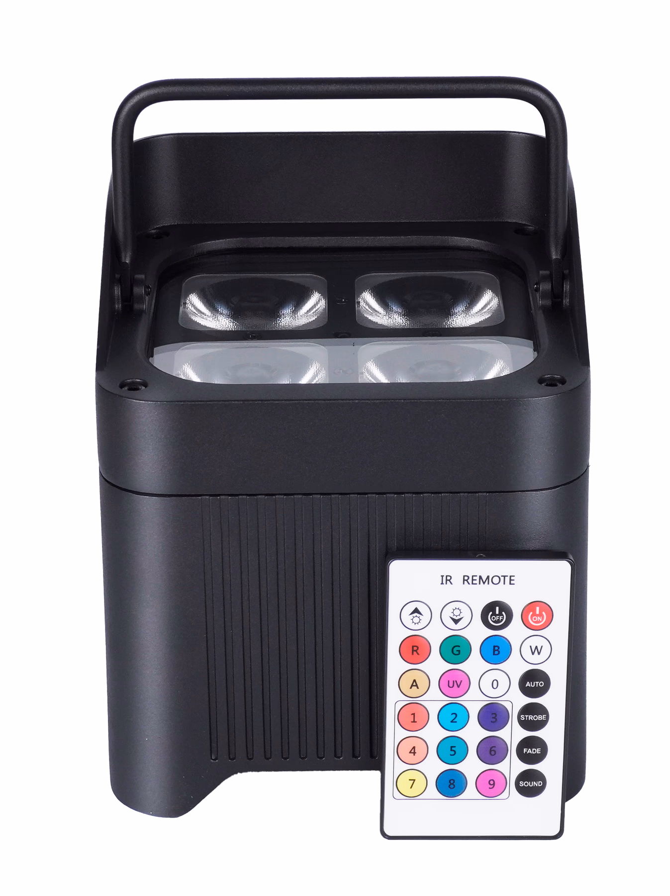 Front view of the LumiUp Aqua P4X with its infrared remote control