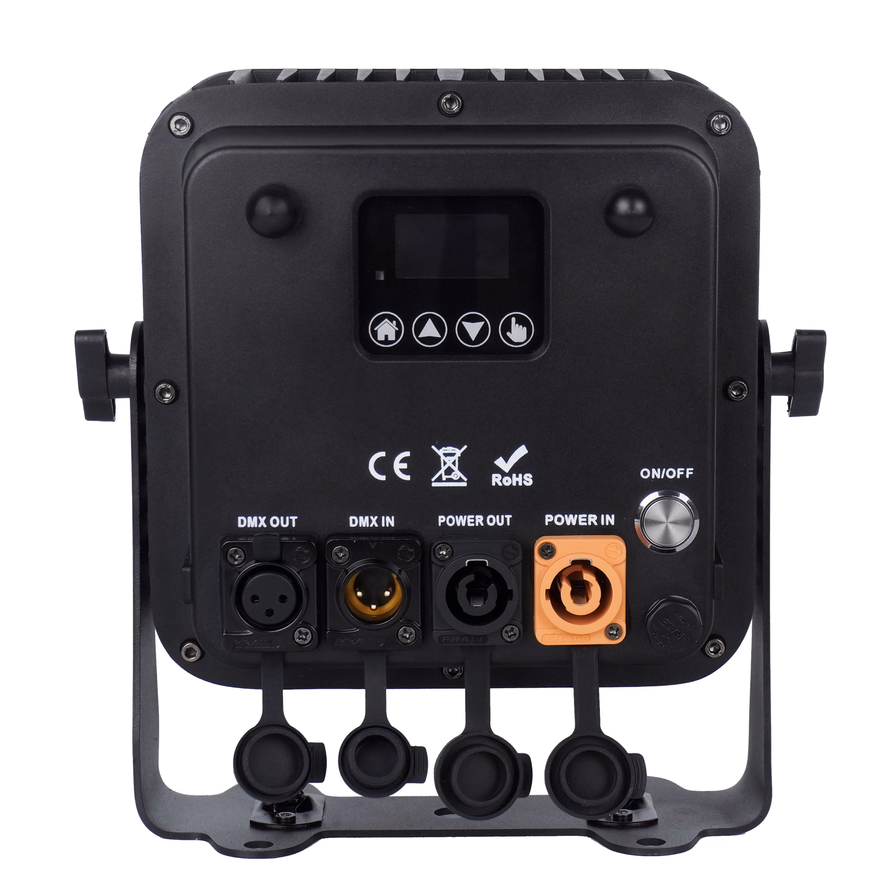 Rear OLED controls and protected DMX and power ports on the LumiUp Aqua P9