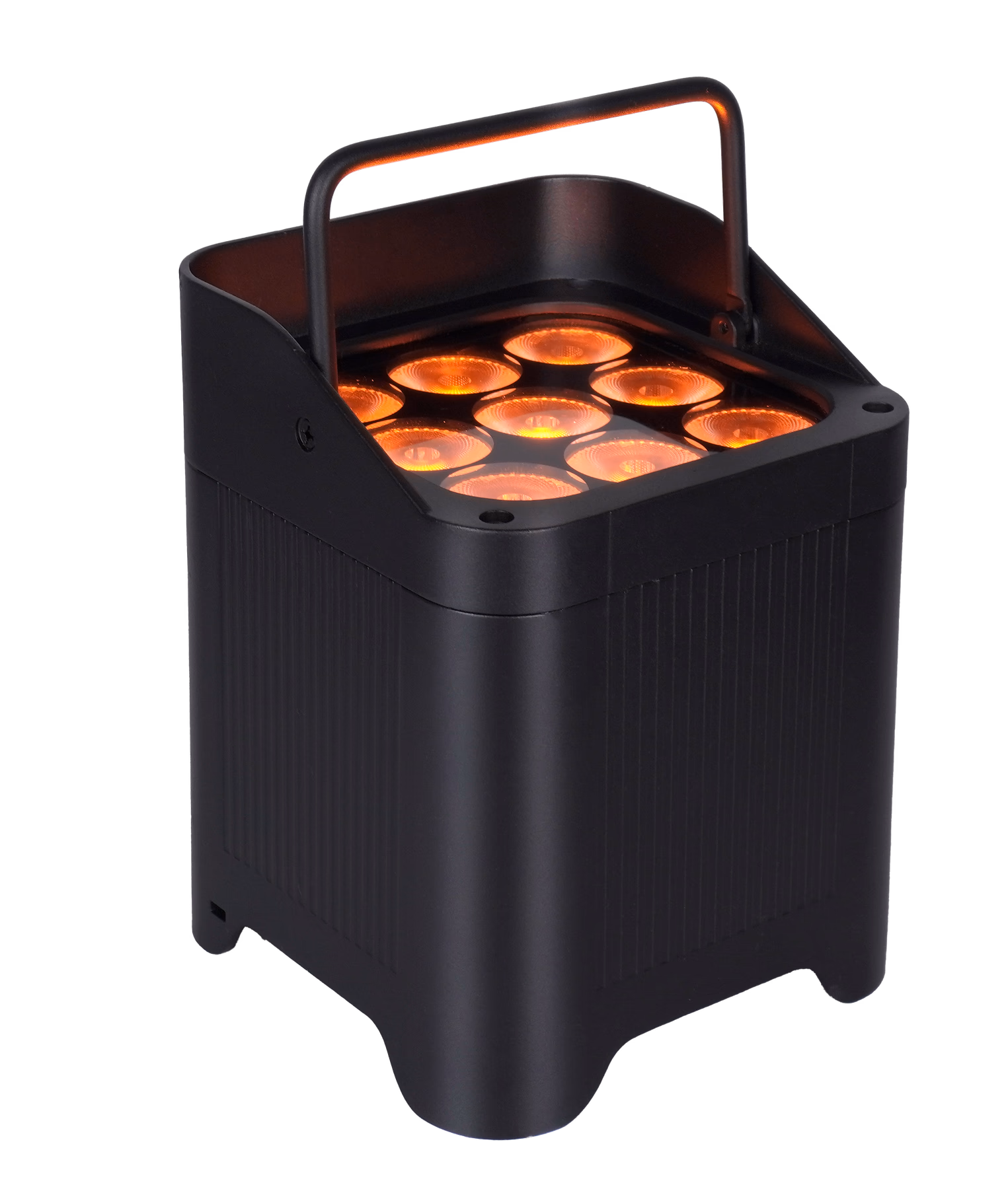 LumiUp Aqua P9X producing red-orange light from nine RGBWA+UV lenses