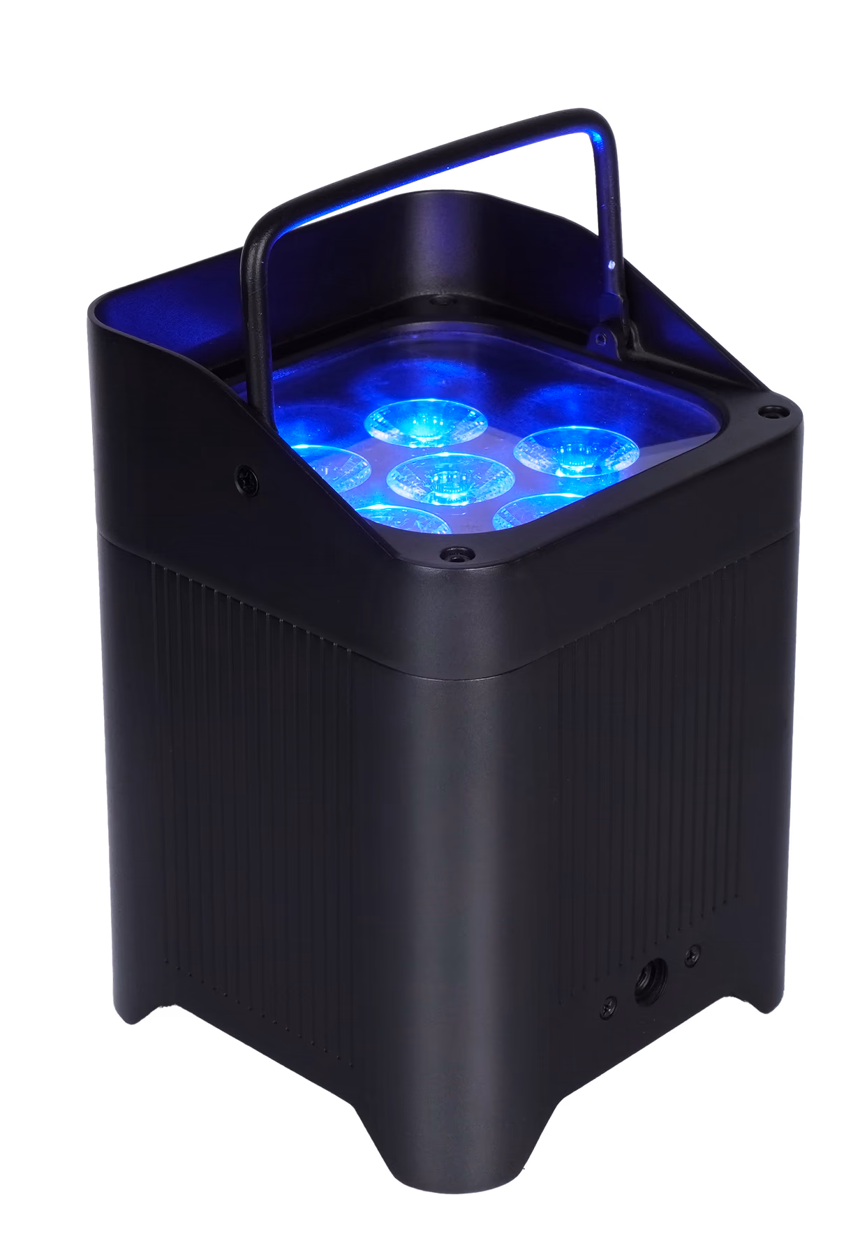 LumiUp Core P6 battery PAR producing blue light from its six LED lenses