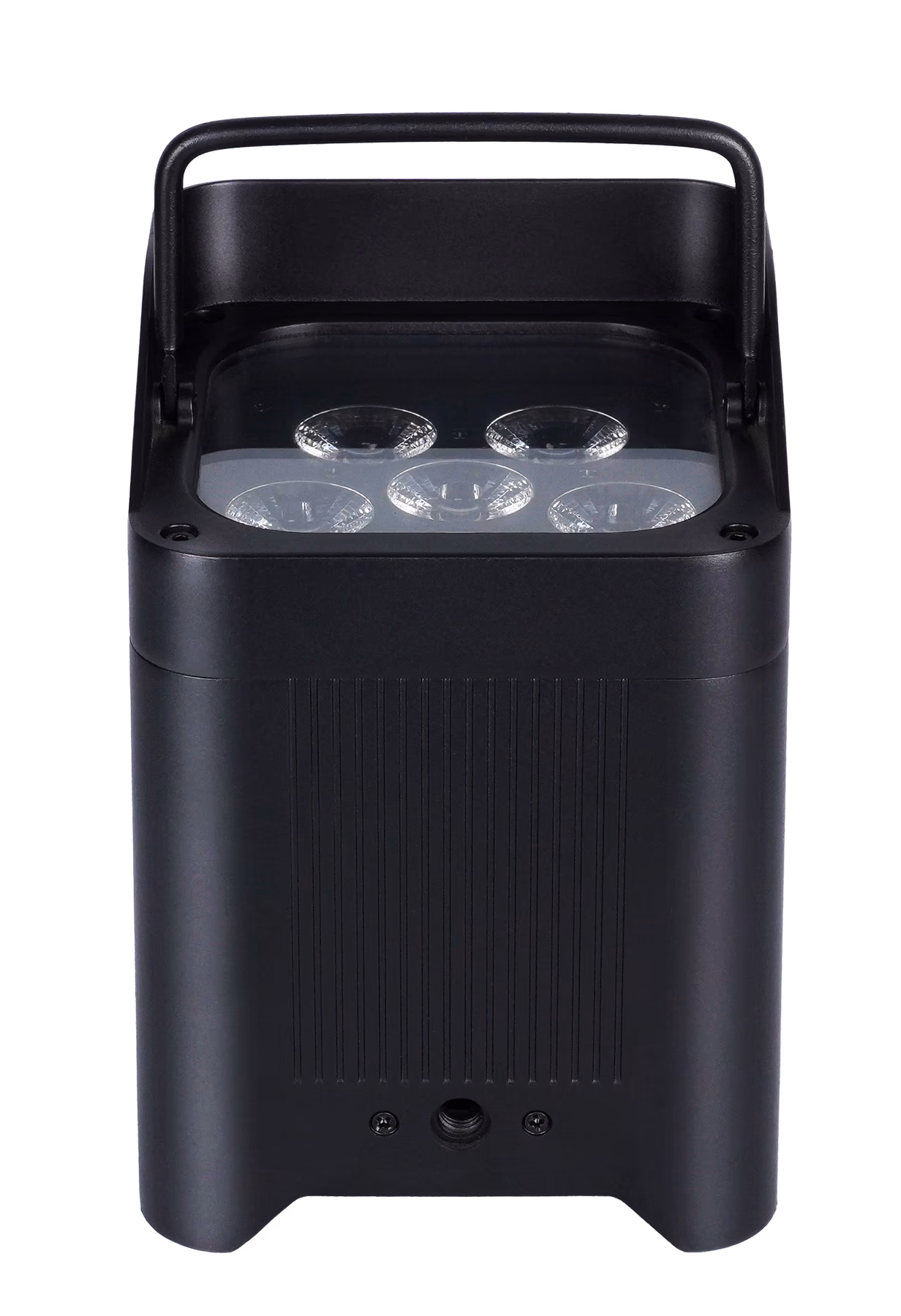 Front view of the LumiUp Core P6 six-lens battery PAR switched off