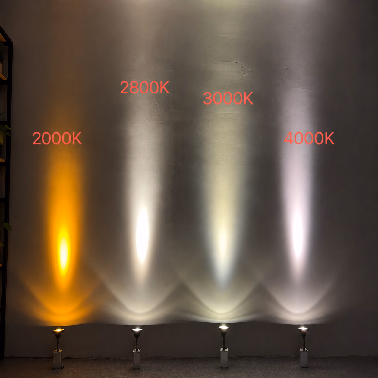 LumiUp Mini S1 beam comparison showing 2000K, 2800K, 3000K and 4000K custom color temperatures