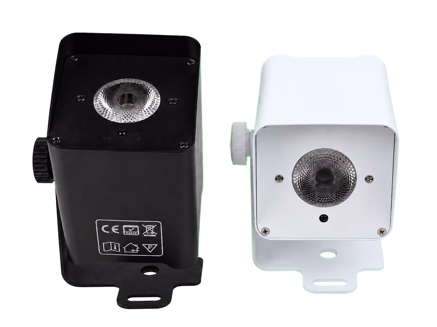 Black and white LumiUp Mini S2 battery LED PAR fixtures side by side