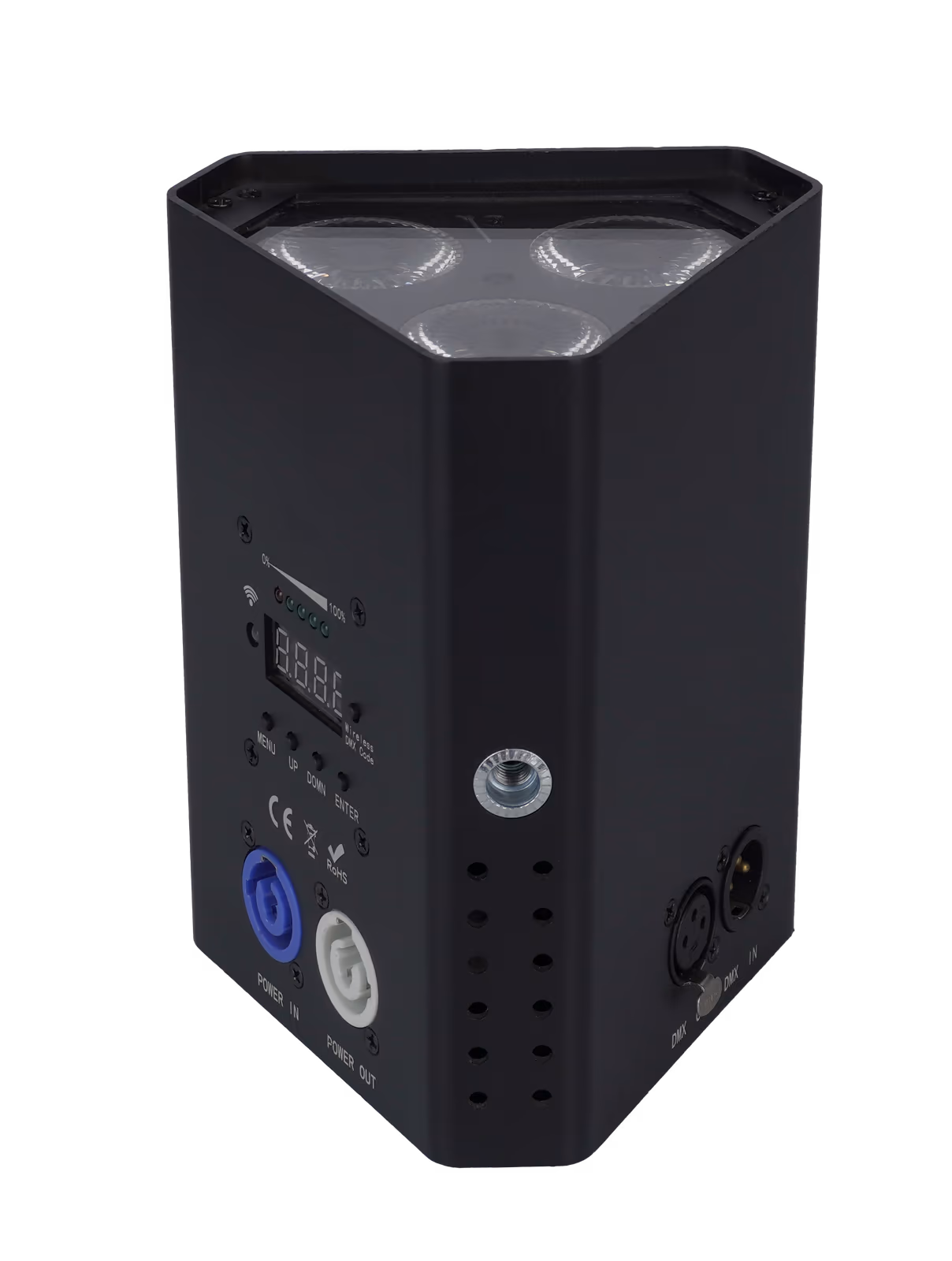 Black LumiUp Mini S3 three-quarter rear view showing power and DMX connections