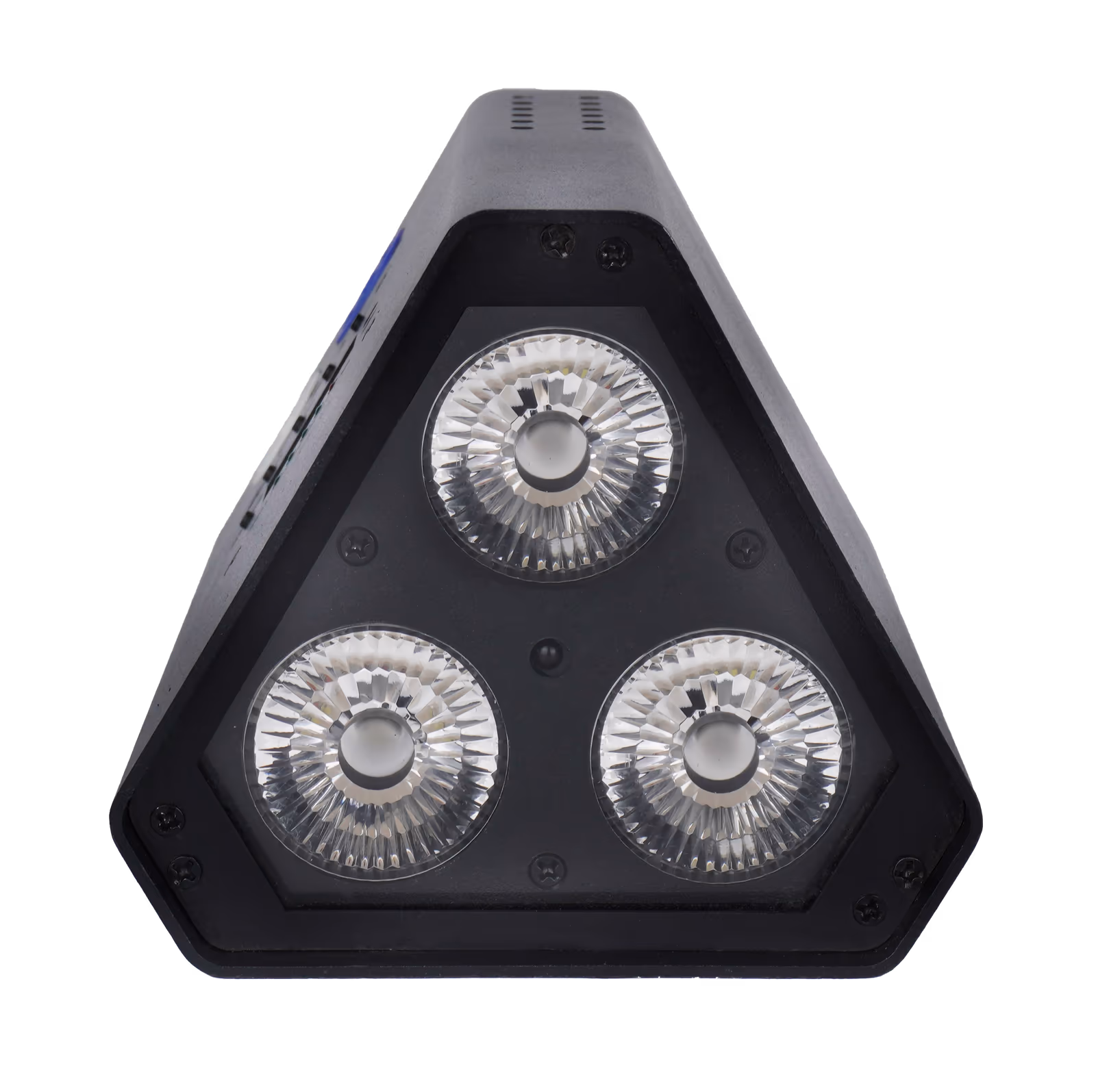 Top view of the black LumiUp Mini S3 showing its triangular three-lens layout