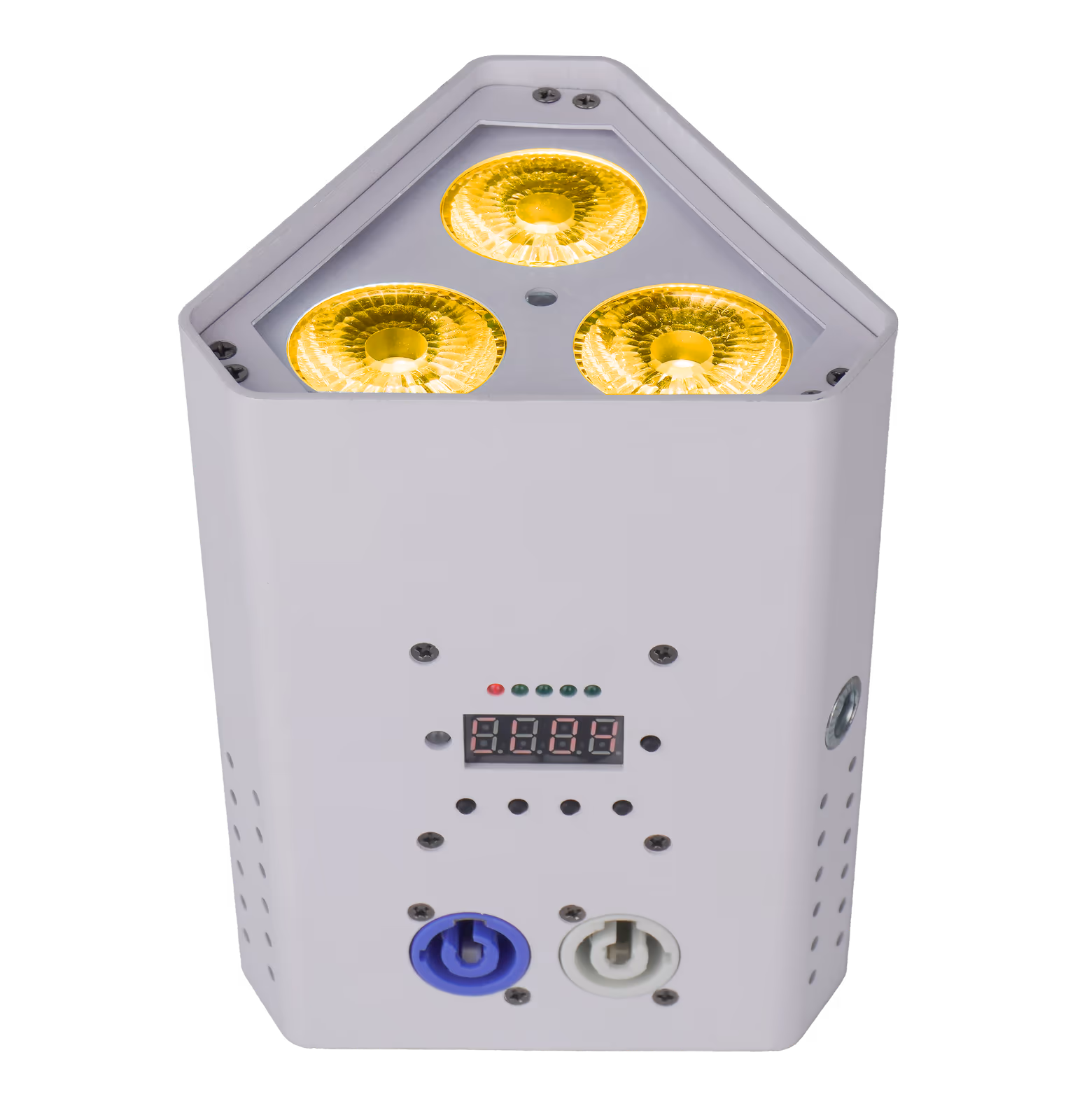 White LumiUp Mini S3 battery LED PAR with three amber illuminated lenses