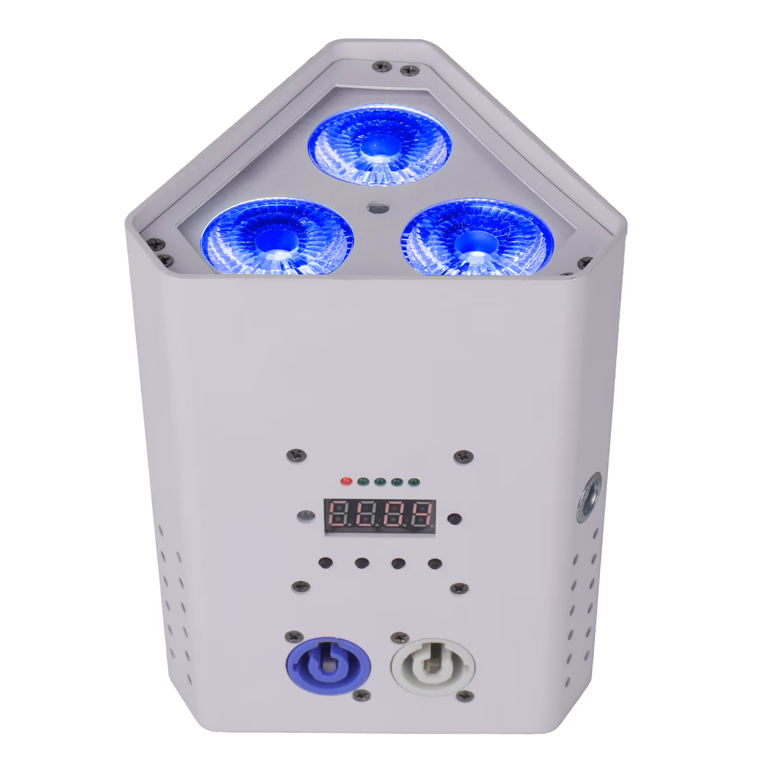 White LumiUp Mini S3 producing blue light from three RGBWA+UV lenses
