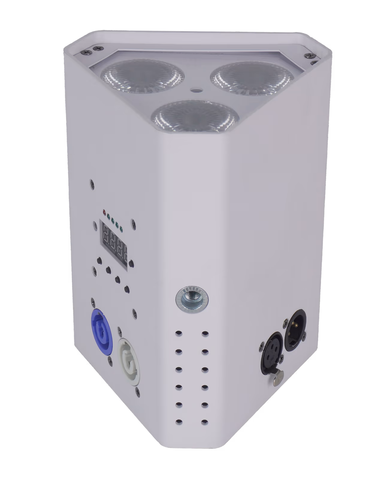 White LumiUp Mini S3 three-quarter rear view showing power and DMX connections