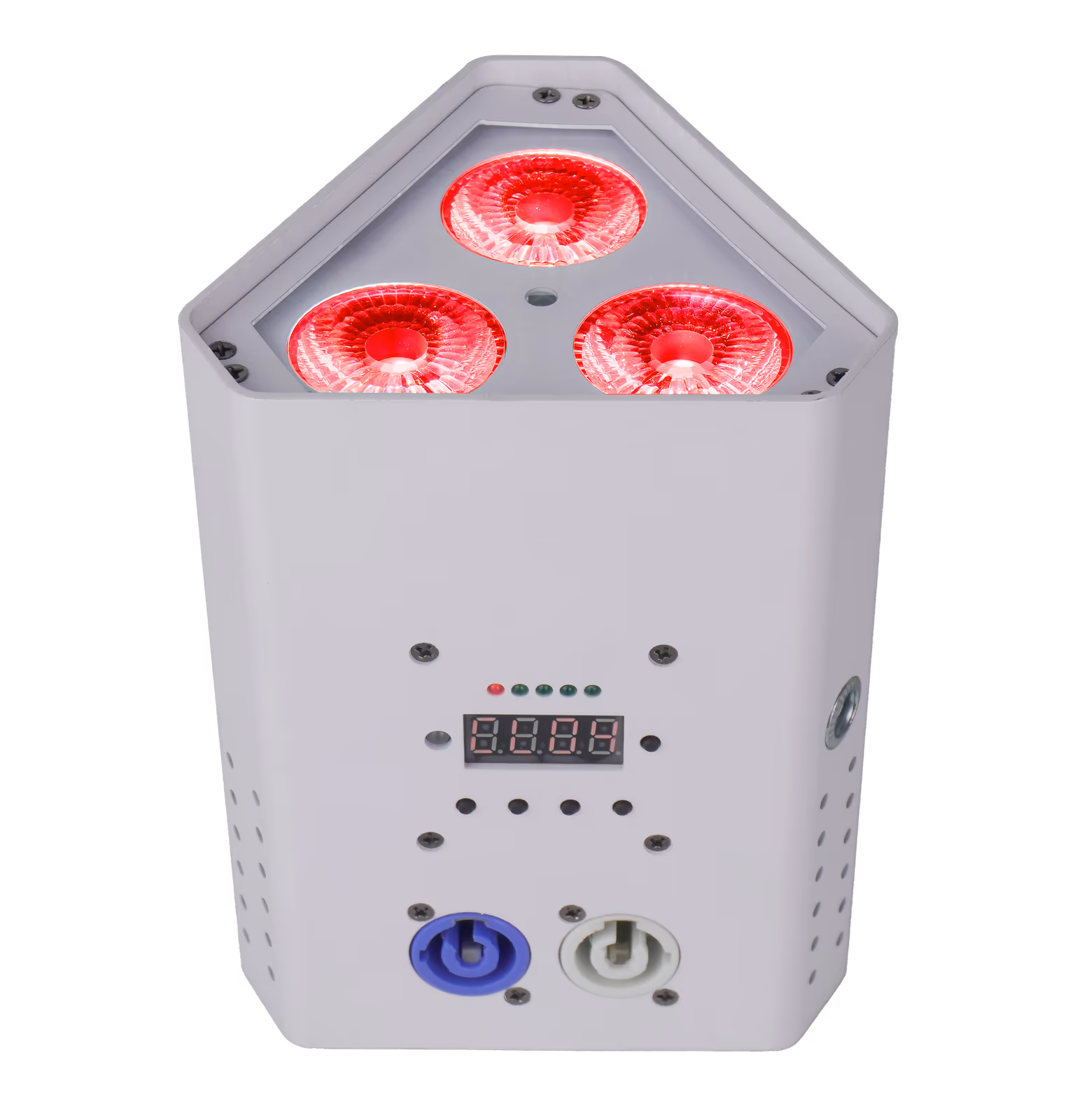 White LumiUp Mini S3 producing red light from three RGBWA+UV lenses