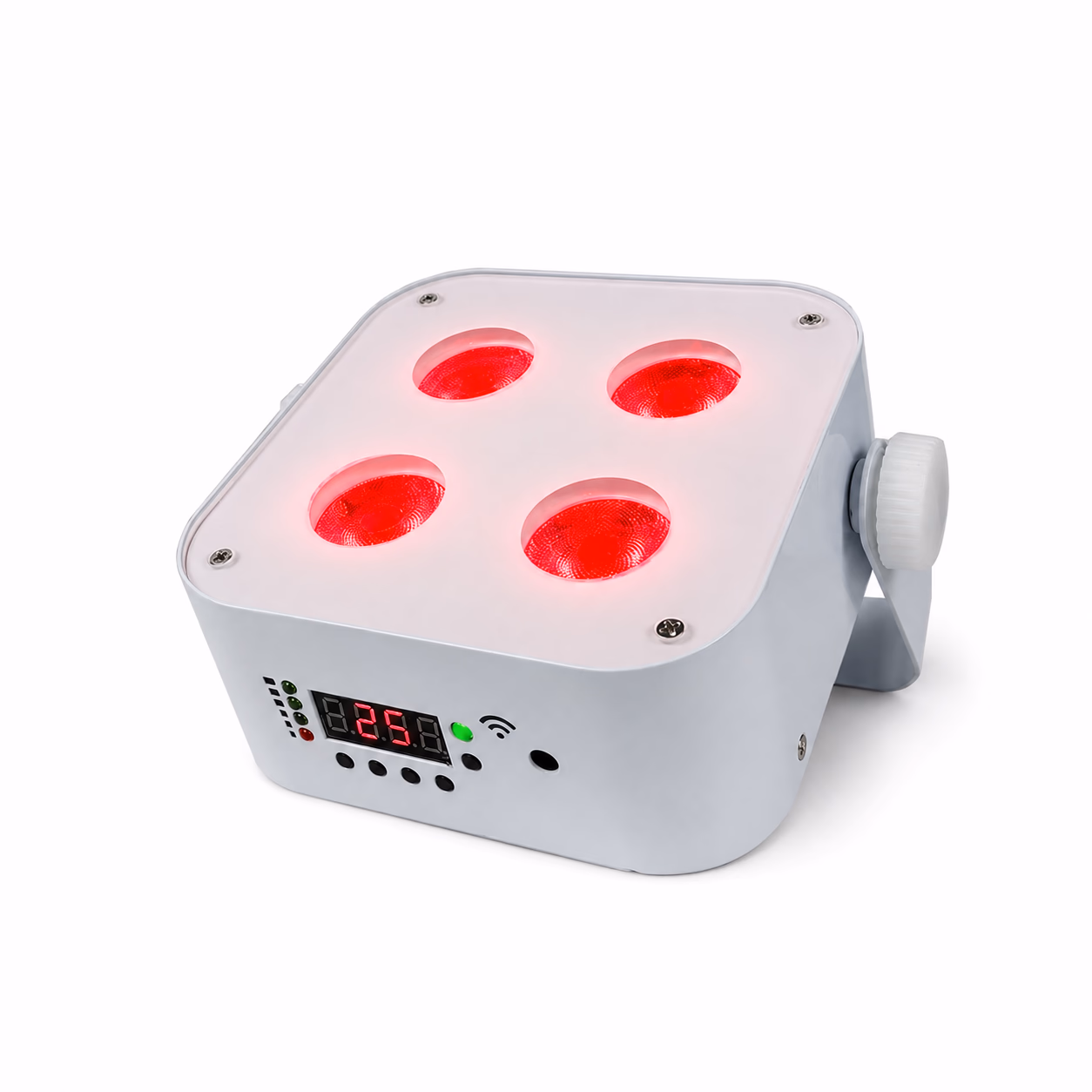 White LumiUp Mini S4 producing red light from four RGBWA+UV lenses