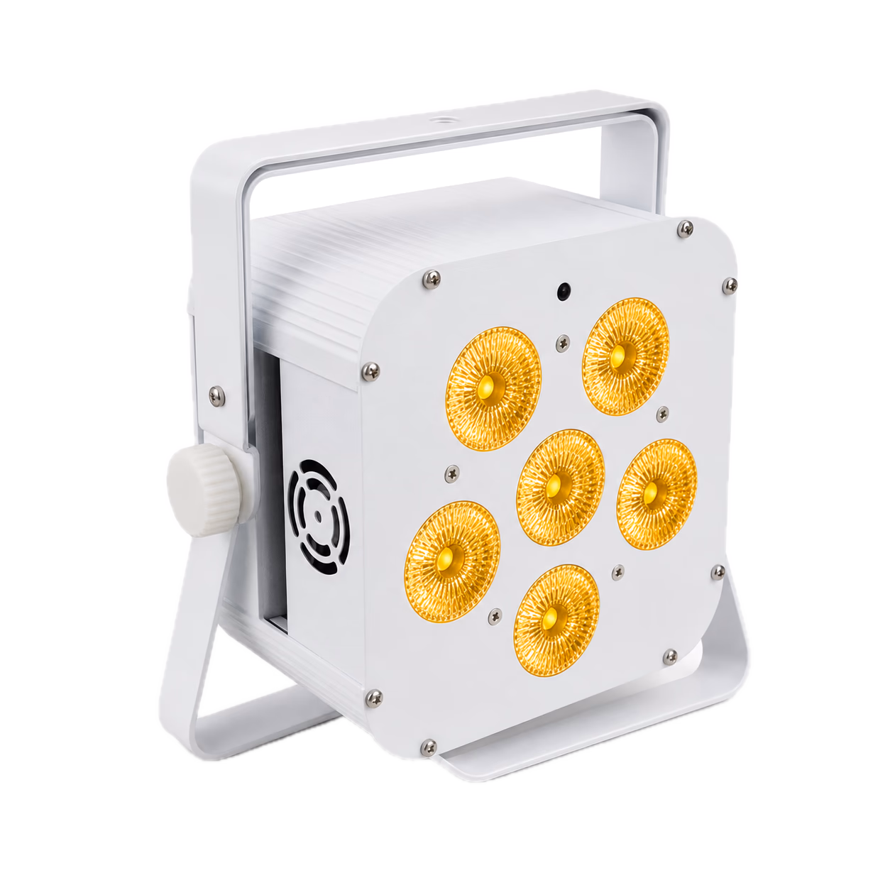 White LumiUp Mini S6 LU-MNS6 square battery LED PAR with six amber illuminated lenses