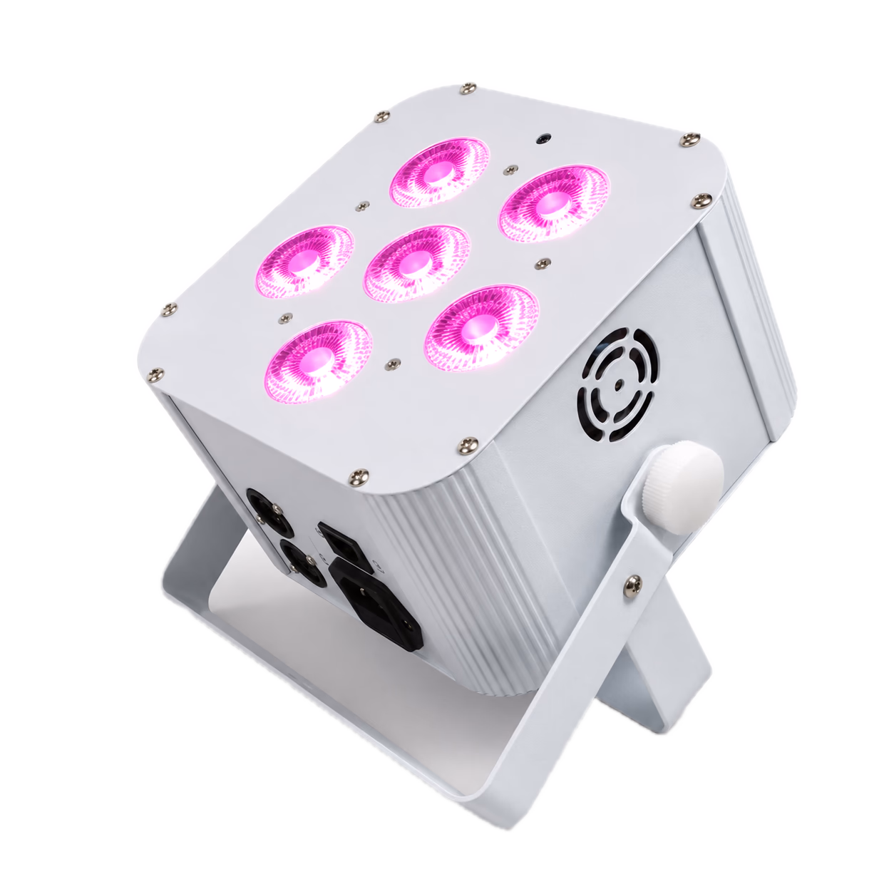 White LumiUp Mini S6 producing pink light from six RGBWA+UV lenses