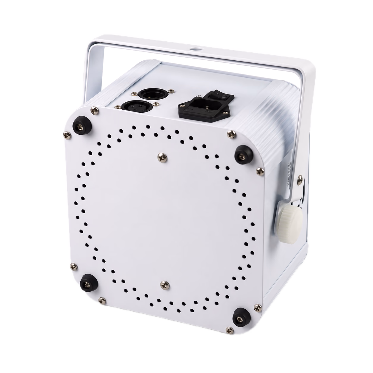 Rear and bottom view of the white LumiUp Mini S6 showing power and DMX connections